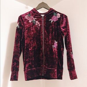 Dark red magenta velvet embroidered rose hoodie
